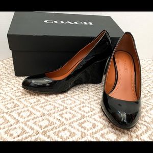 NIB Coach Black Patent Leather Wedge Pumps